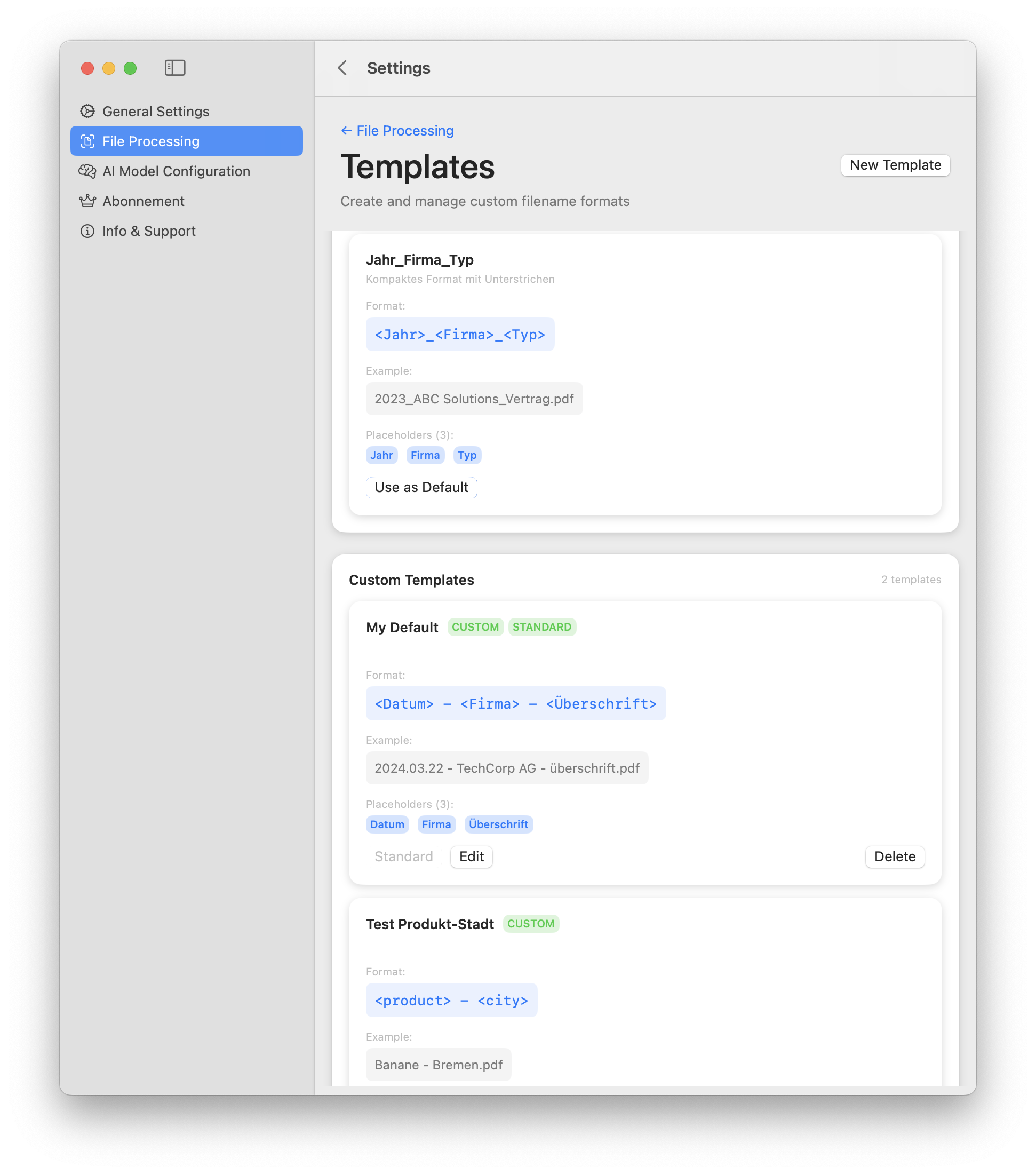 PDF AI Renamer Settings - Templates